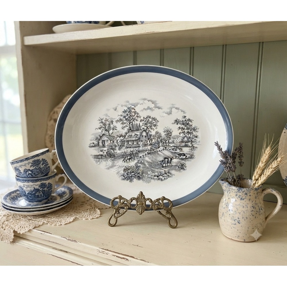 Alfred Meakin Home in the Country Oval Platter Staffordshire England Blue Trim